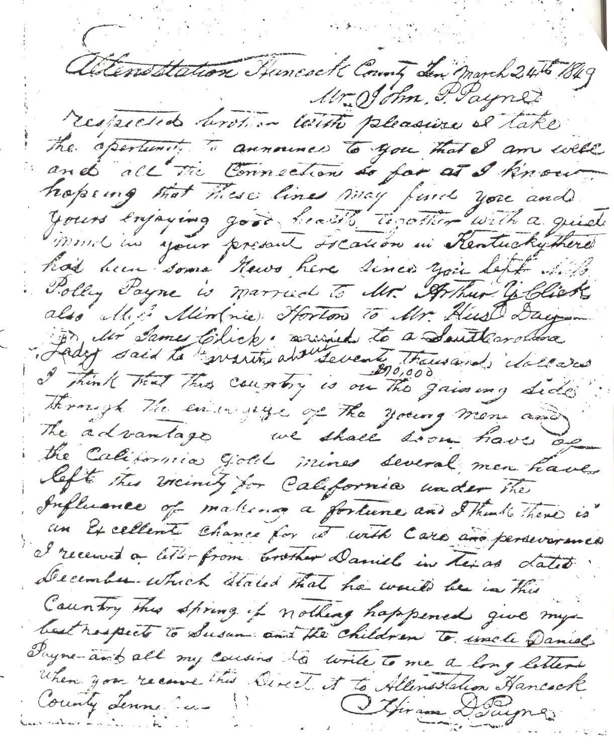 1848 Hiram D. Payne Letter