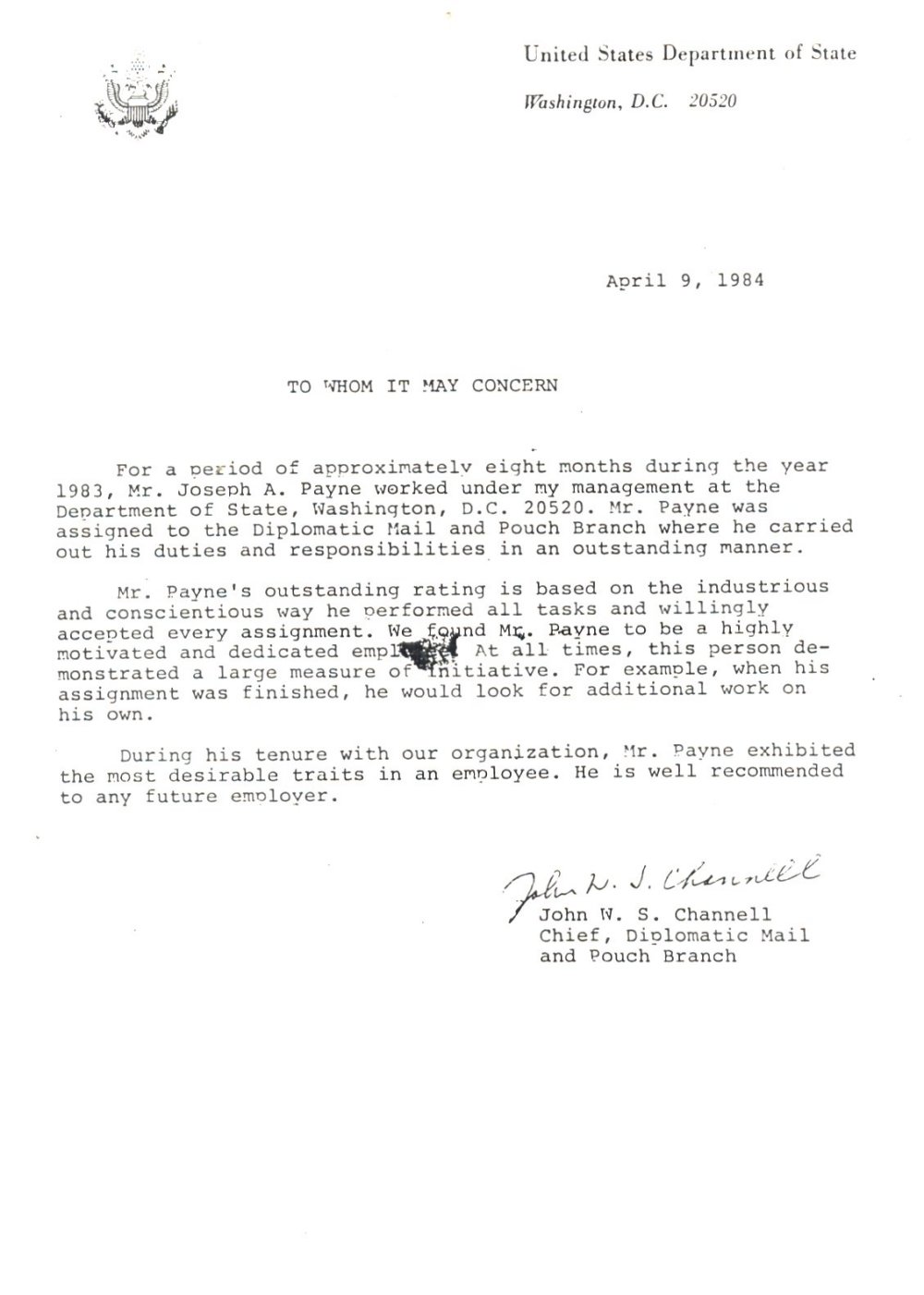 John W.S. Channell Recommendation